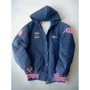 Vintage USA Varsity Soccer Jacket Womens M Hooded Snap Front Patriot Soccer